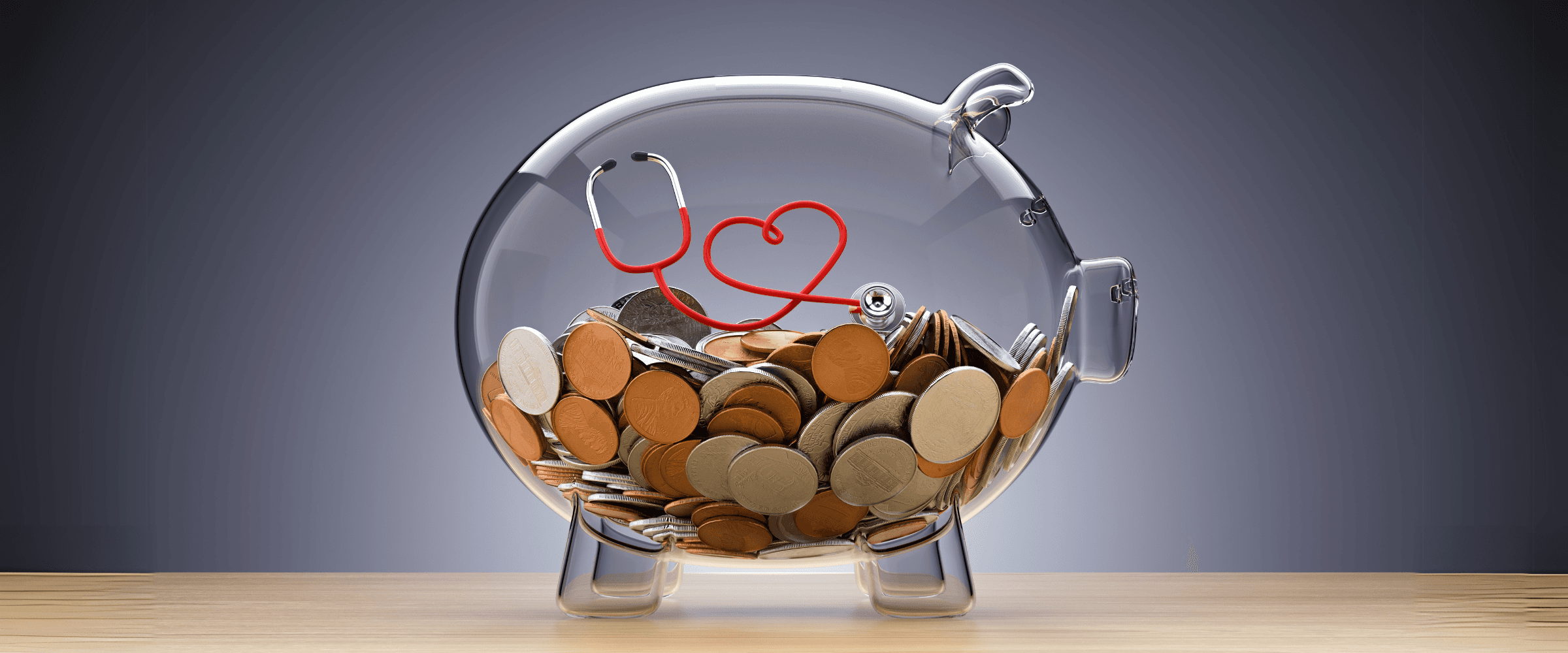 Glass piggy bank with money and a stethoscope inside.