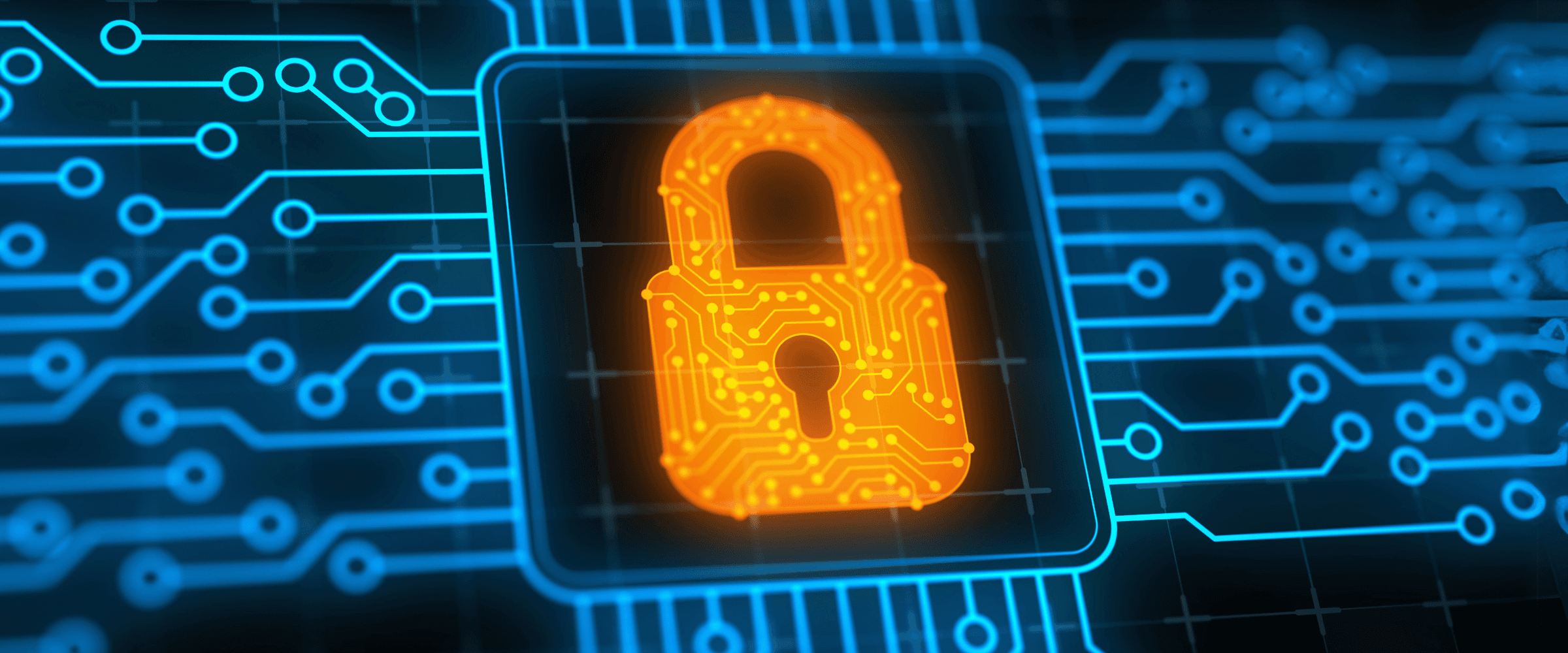 Digital lock surrounding by blue circuits.