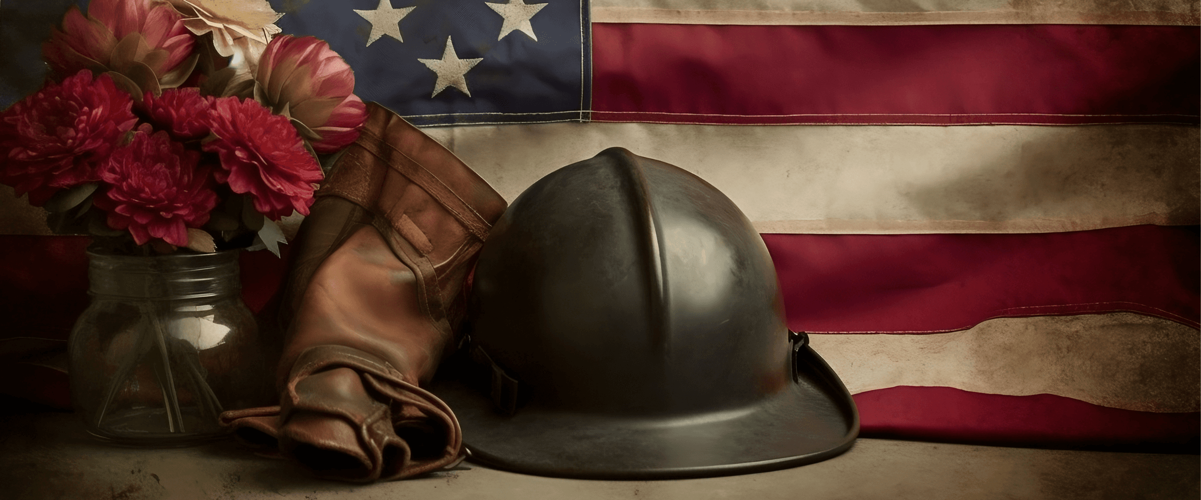 An old war helmet placed in front of an American flag