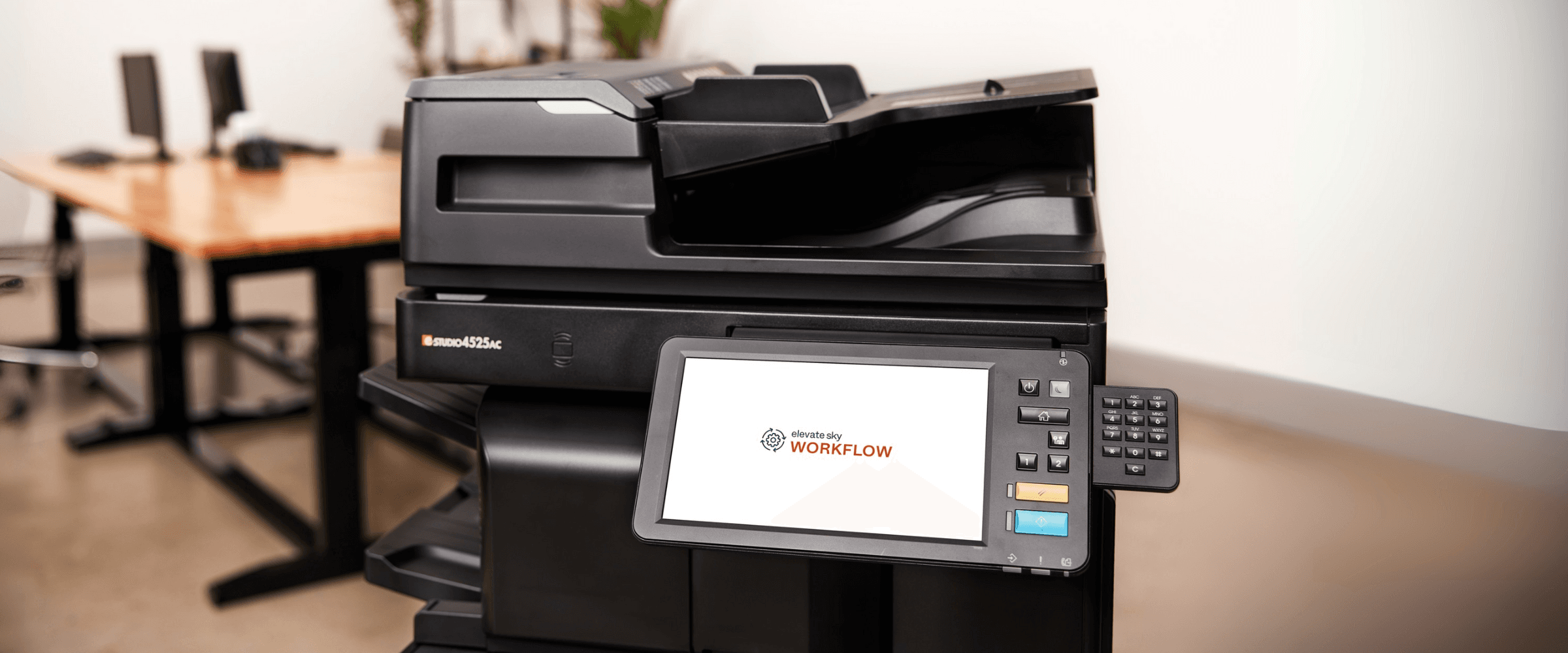 Toshiba's Elevate Sky Workflow splashscreen featured on an MFP