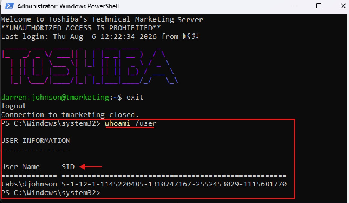 PowerShell screenshot showing whoami /user command and SID output